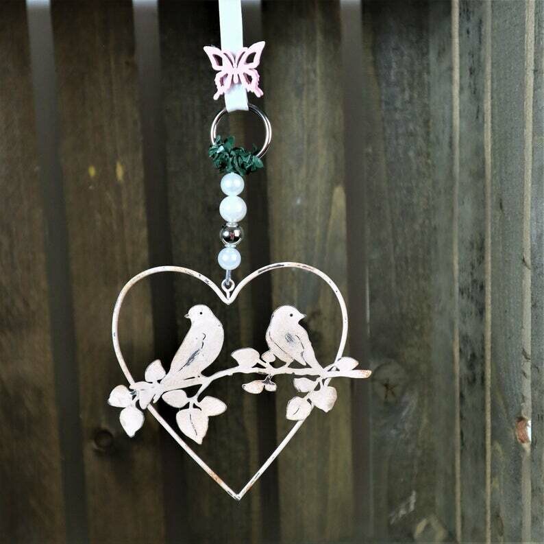 Fensterdeko Herz mit Vogel-Motiv in shabby rosa