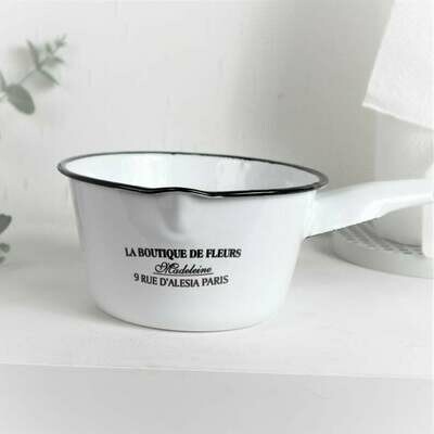 Deko Stieltopf Emaille weiß schwarz, Landhausdeko, Floristikdeko Deko Stieltopf Emaille weiß schwarz, Landhausdeko, Floristikdeko