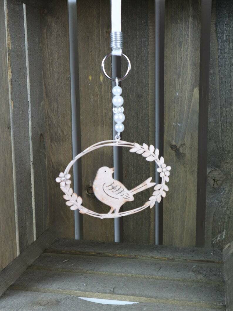 Fensterdeko, Kranz mit Vogel, Metall rosa, Landhausdeko