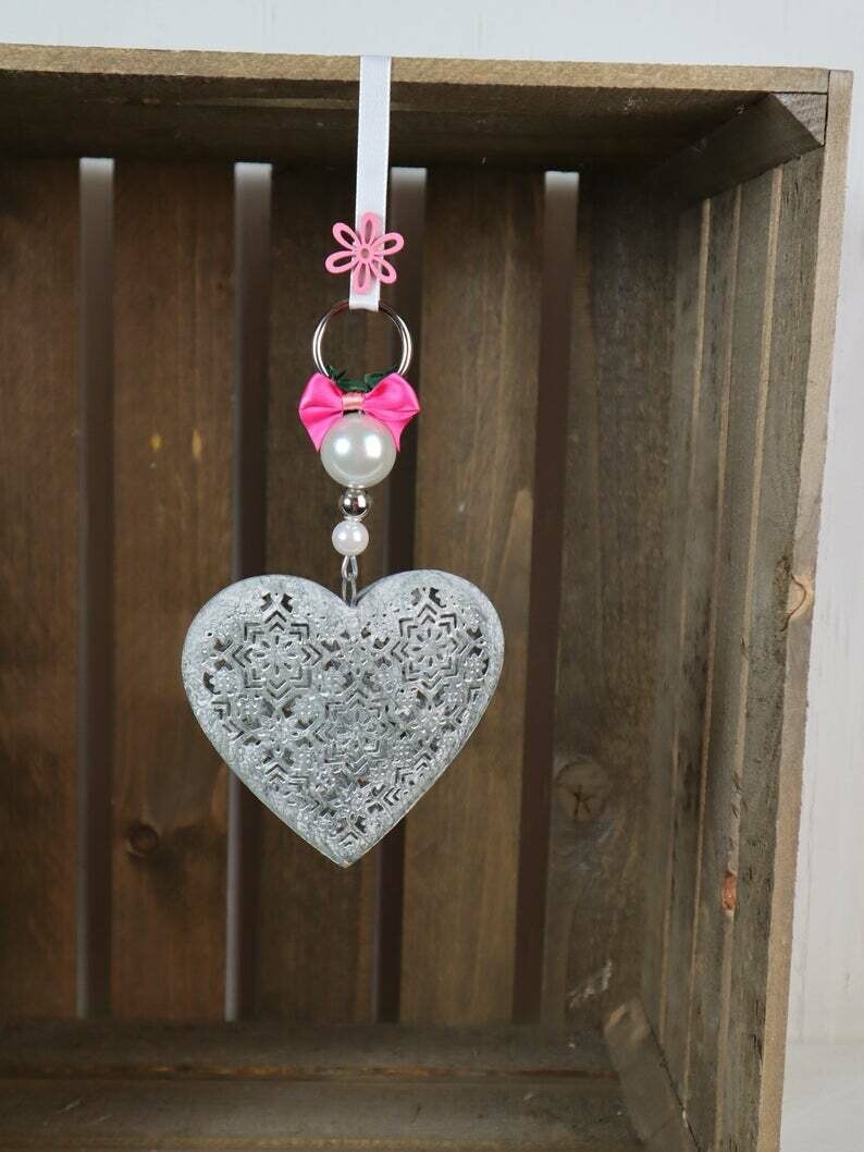 Fensterdeko Herz, grau rosa, Metall, Landhausdeko