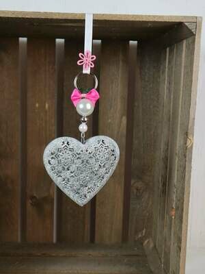 Fensterdeko Herz, grau rosa, Metall, Landhausdeko