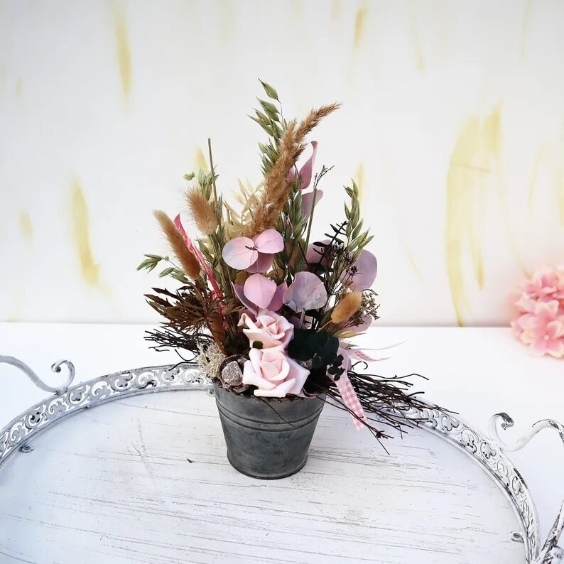 Tischdeko Trockenblumen Gesteck rosa