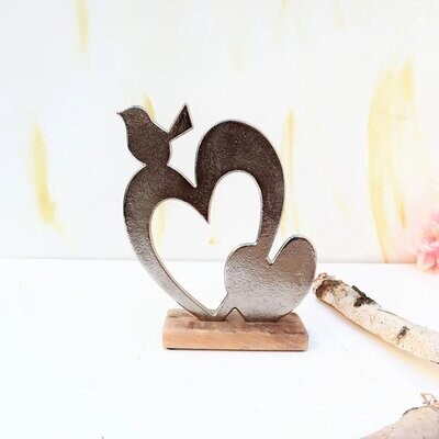 Wohn Deko Skulptur Figur Vogel auf Herz silberfarben