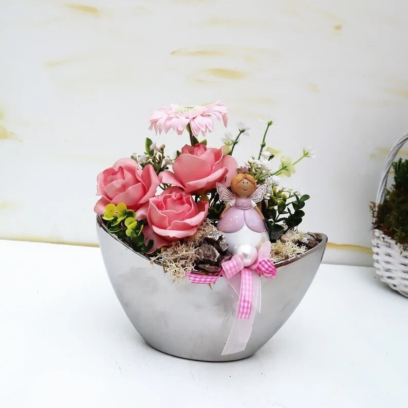 Tischgesteck Tischdeko edel silberfarben rosa weiß Elfe