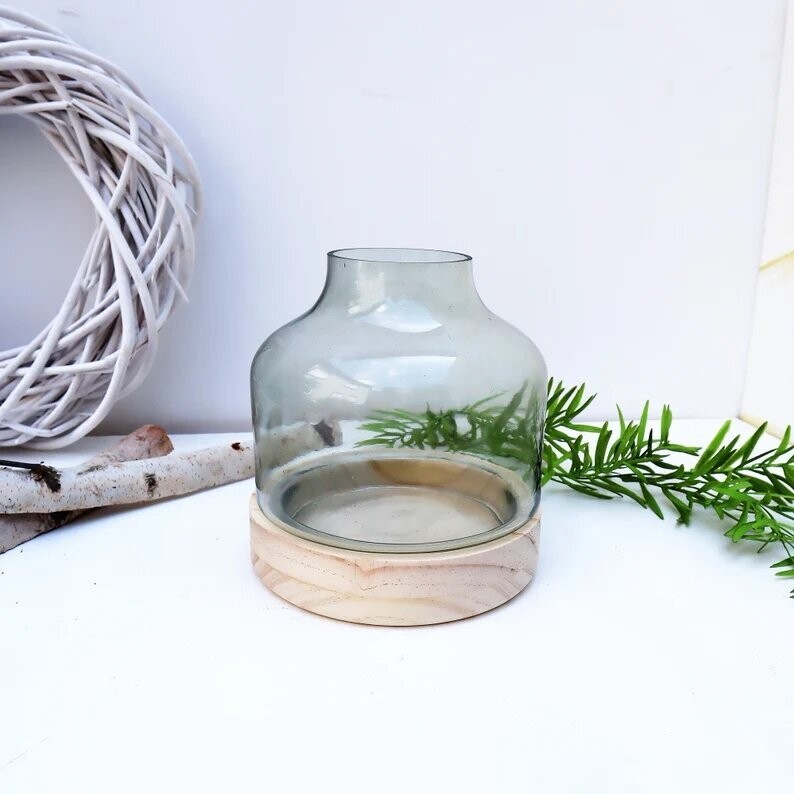 Blumenvase Glas Holz Tischdeko