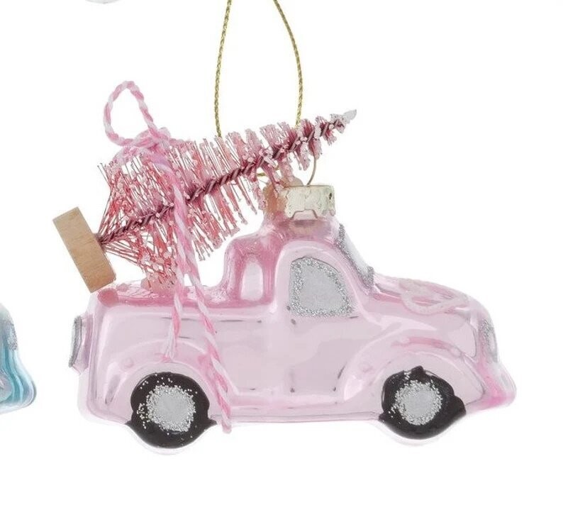 Weihnachtsdeko Glaskugeln  Truck mit Baum Weihnachtsauto Christbaumschmuck hellrosa