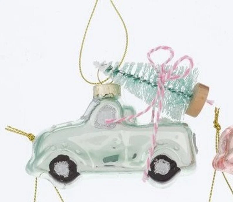 Weihnachtsdeko Glaskugeln  Truck mit Baum Weihnachtsauto Christbaumschmuck hellgrün