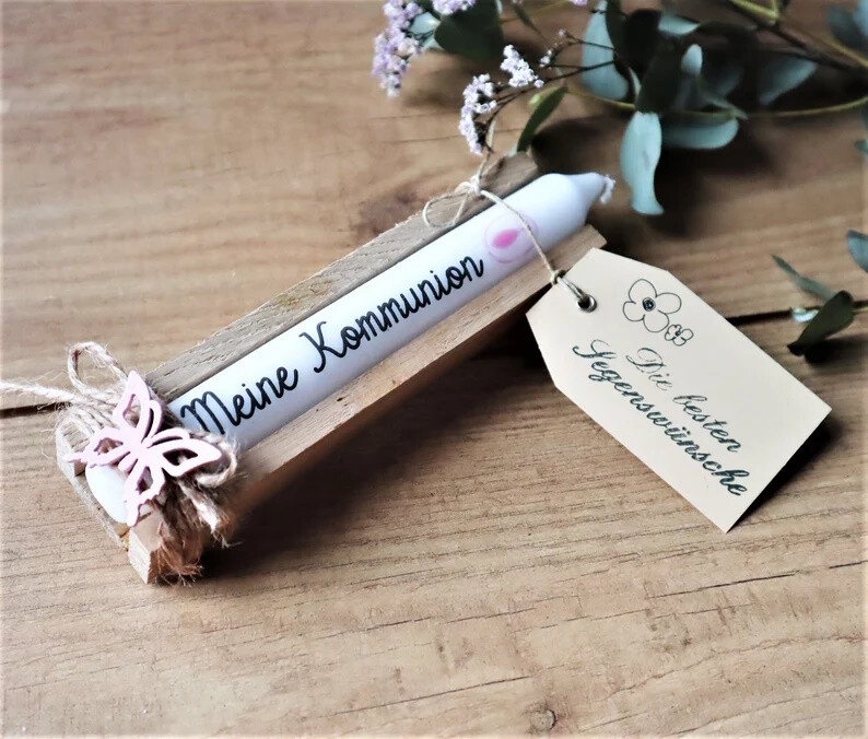 Kerze Kommunion mit Spruch Fisch rosa Kerzen Geschenk