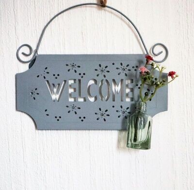 Deko Schild "Welcome" mit Glas Vase