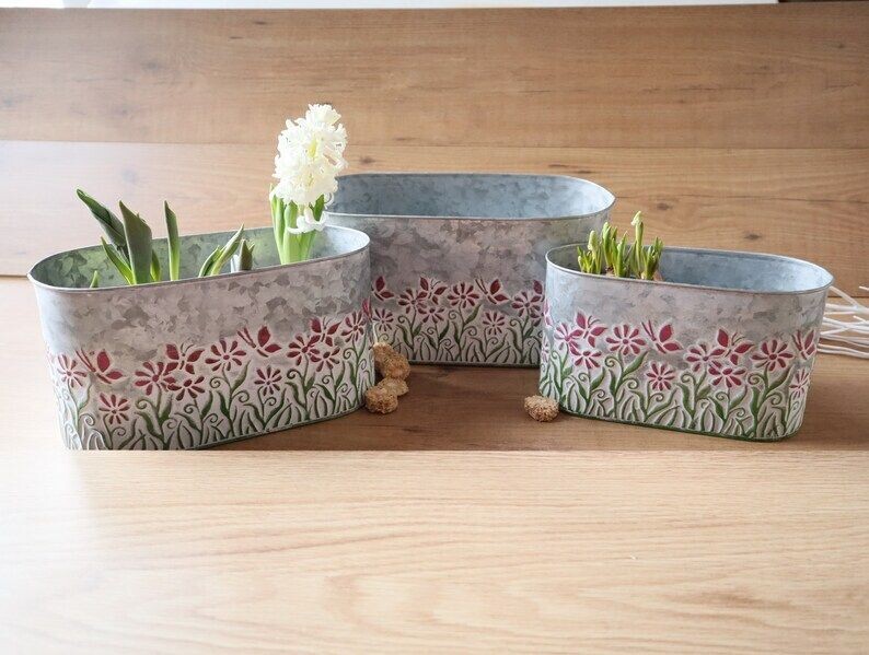 Deko Schale grau mit Blüten KLEIN 22x 12 x 10cm