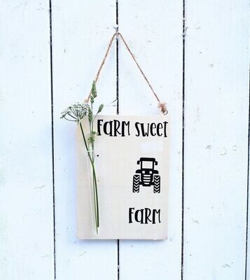 Holz Schild mit Glasvase und Spruch Farm sweet Farm