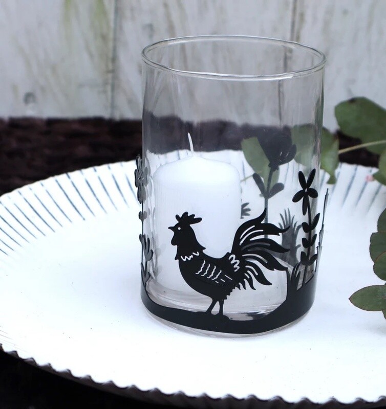 Teelichtglas mit Oster Dekor Hühner Kerzenhalter