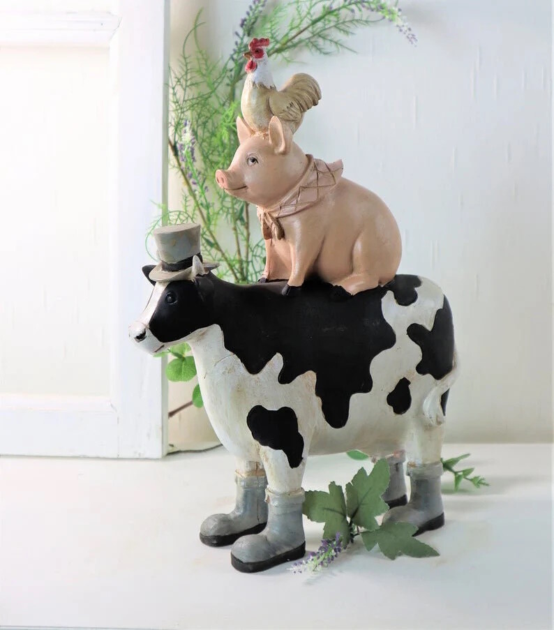 Figur Kuh Schwein und Hahn Wohndeko Tierpyramide Landhaus Deko