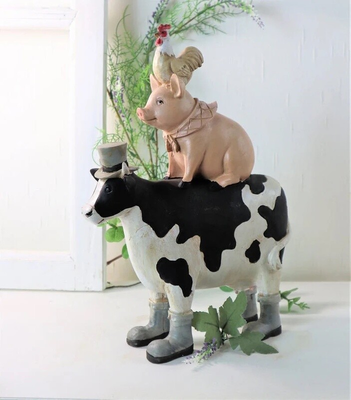 Figur Kuh Schwein und Hahn Wohndeko Tierpyramide Landhaus Deko