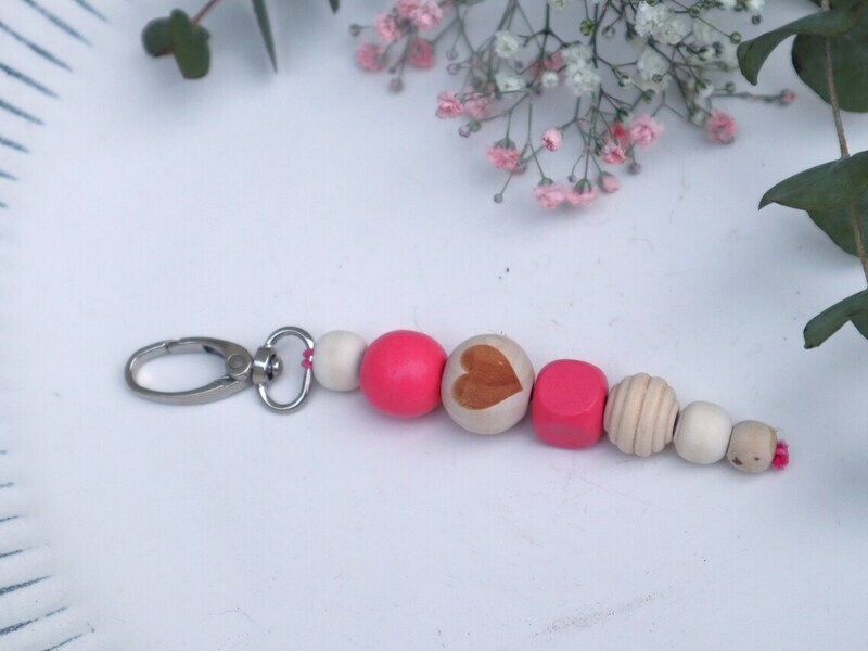 Schlüsselanhänger Taschenanhänger Holzperlen natur pink