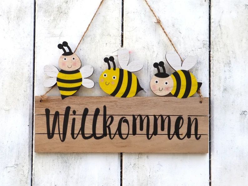 Deko Schild Willkommen mit Bienen Holz Spruch