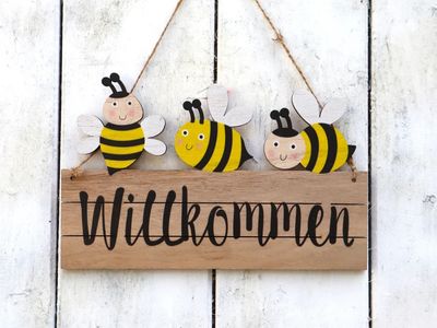 Deko Schild Willkommen mit Bienen Holz Spruch