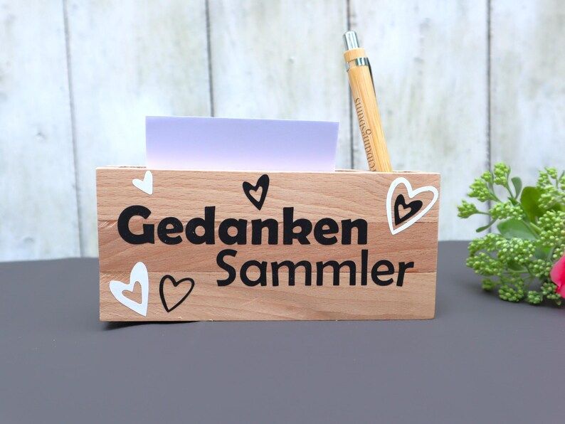 Geschenk Idee mit graviertem Kuli und Notizzettelhalter Gedankensammler
