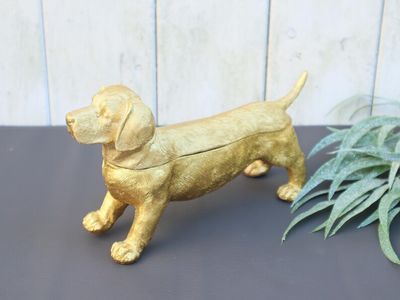 Deko Dose Dackel Form Hund goldfarbig