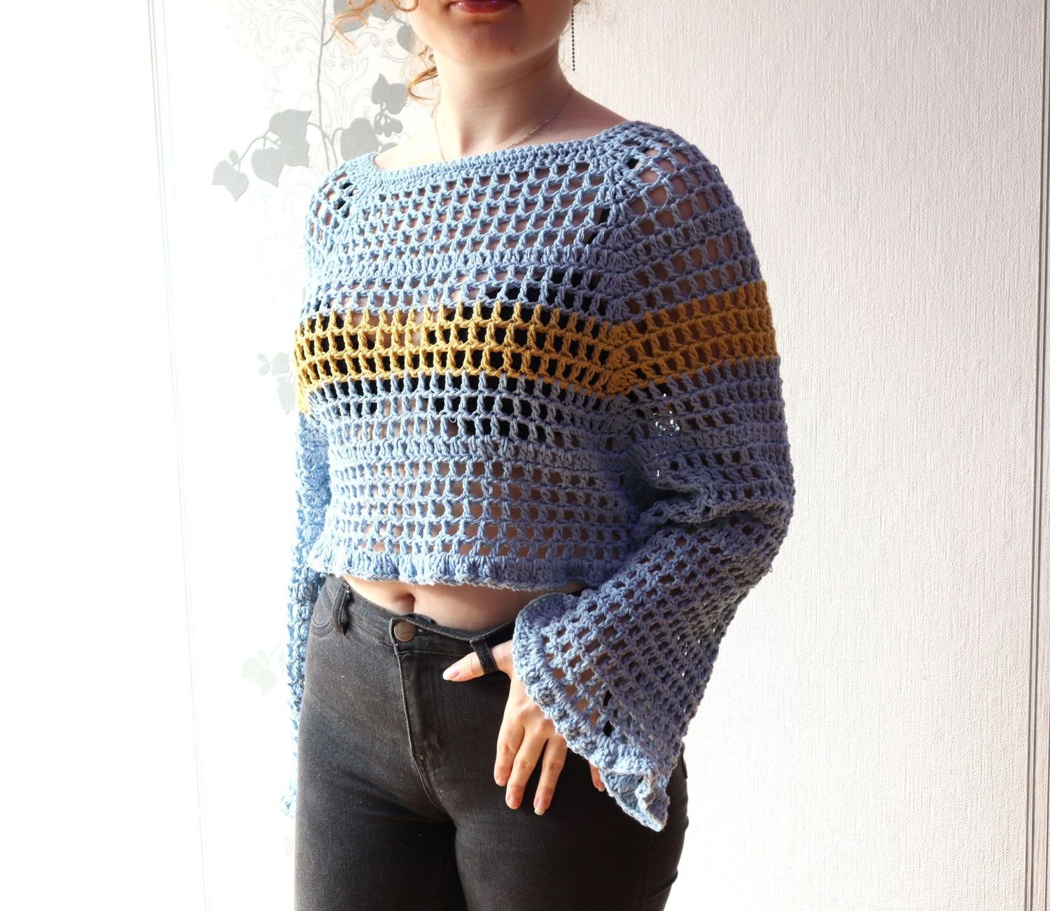 Häkelpullover Top Pulli gehäkelt cropped Sweater Shirt Häkelpullover Top Pulli gehäkelt cropped Sweater Shirt