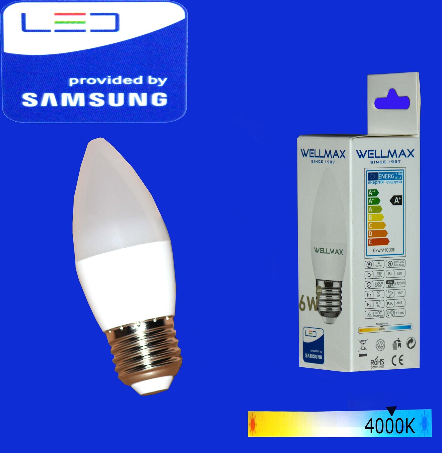 Էլ.լամպ LED Wellmax 6W neutral white (C37 E27 4000