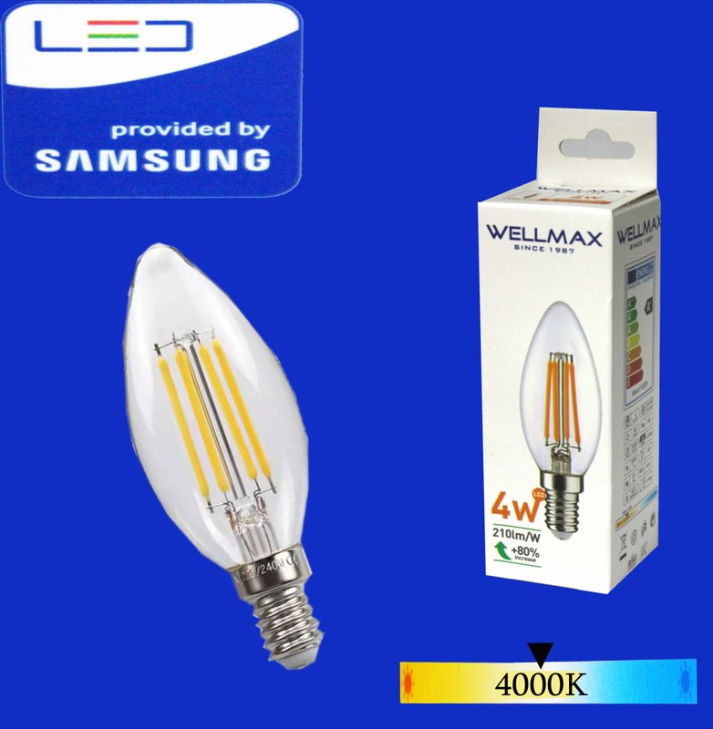 Wellmax Ֆիլամենտ LED լամպ E14 C37) 04W 4000K Clear