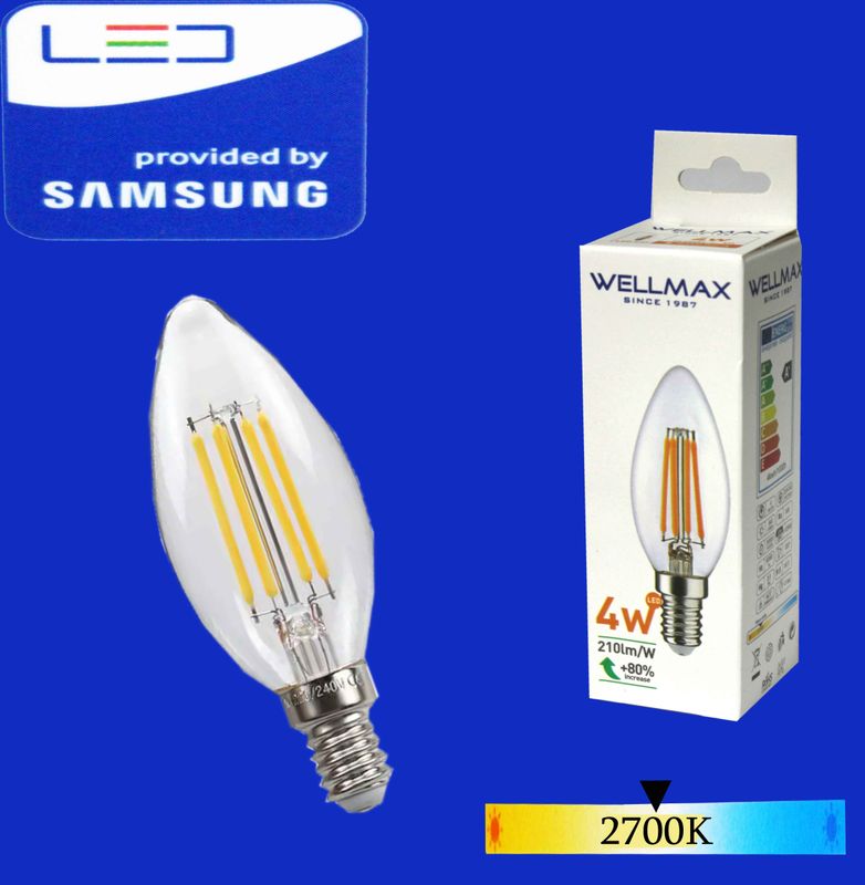 Wellmax Ֆիլամենտ LED լամպ E14- C37) 04W 2700K Clear