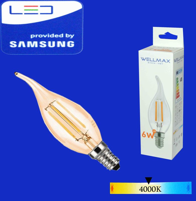 Wellmax Ֆիլամենտ LED լամպ E14-06W-4000K T37) clear ծիծակաձև