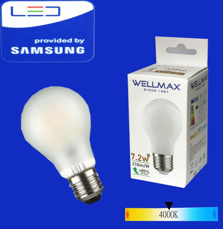 Wellmax Ֆիլամենտ LED լամպ E27- A60) 7,2 W 4000K Milky