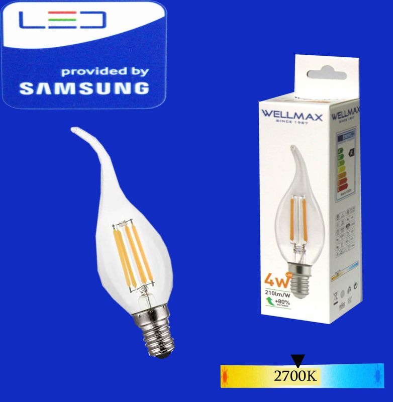 Wellmax Ֆիլամենտ LED լամպ E14-T37) 04W 2700K  ծիծակաձև clear