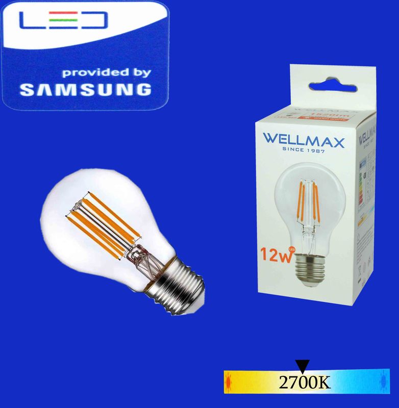 Wellmax Ֆիլամենտ LED լամպ E27-12W-2700K A60) Clear