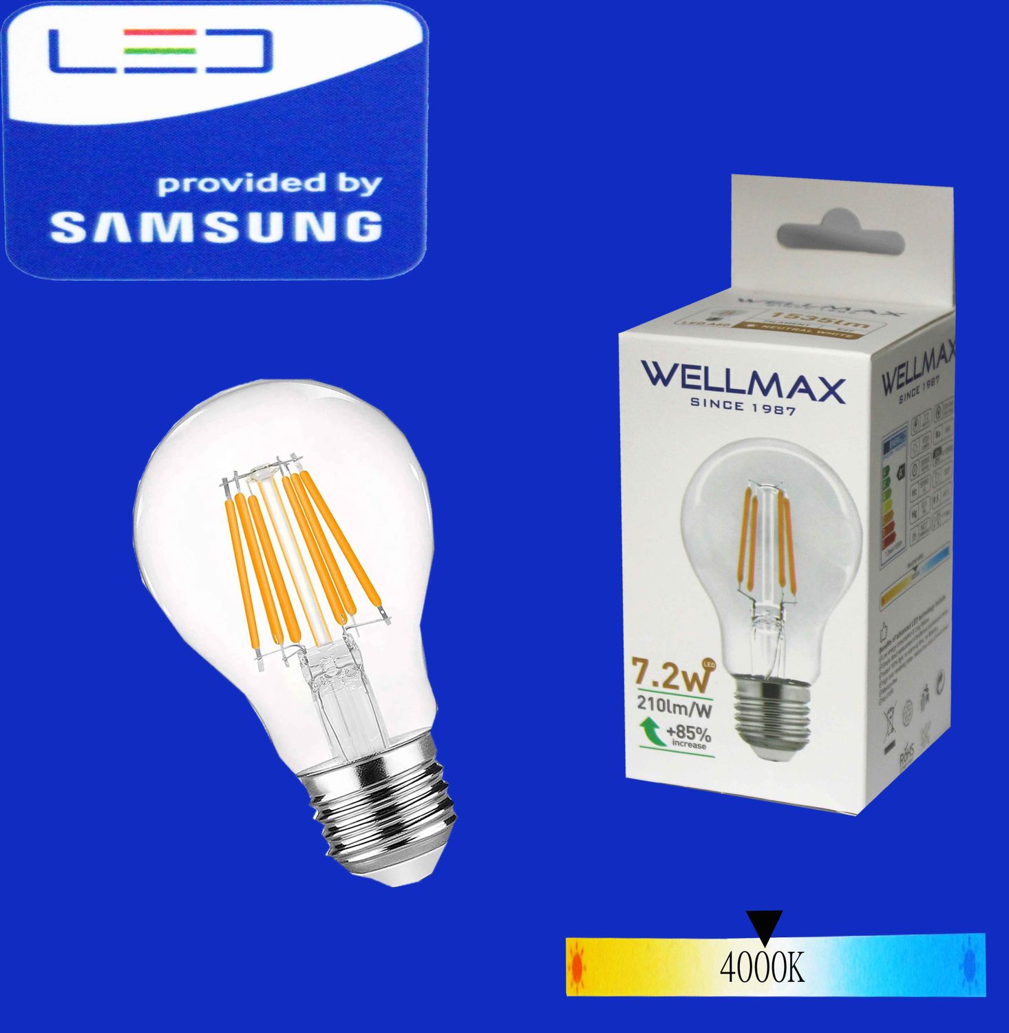 Wellmax Ֆիլամենտ LED լամպ E27- A60) 7,2 W 4000K clear