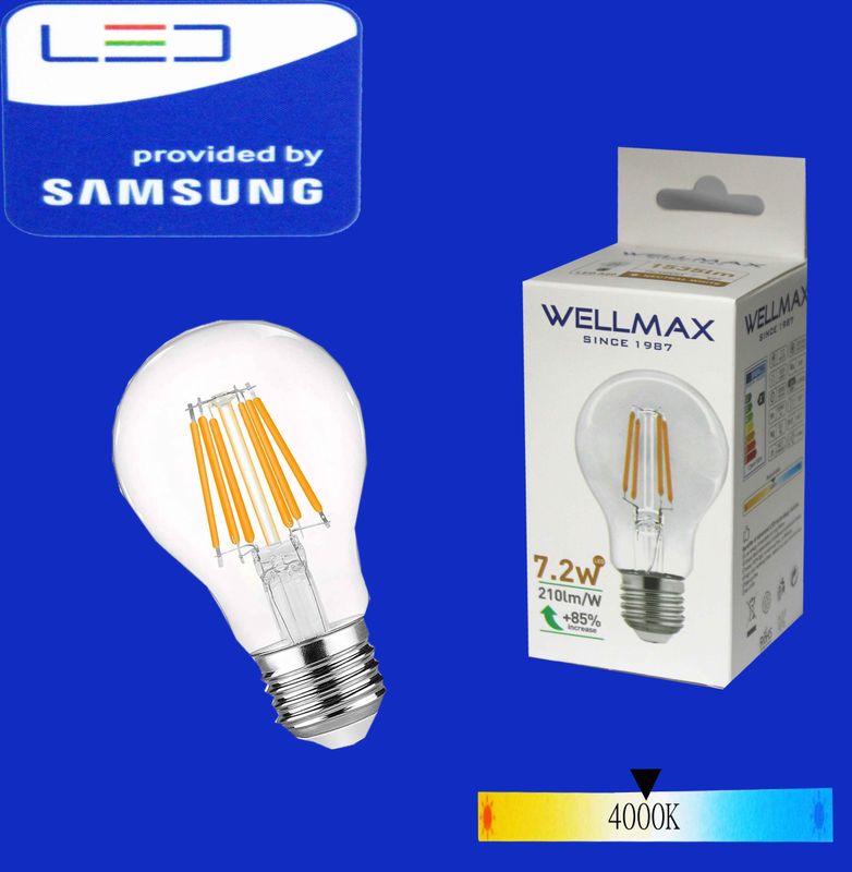 Wellmax Ֆիլամենտ LED լամպ E27- A60) 7,2 W 4000K clear