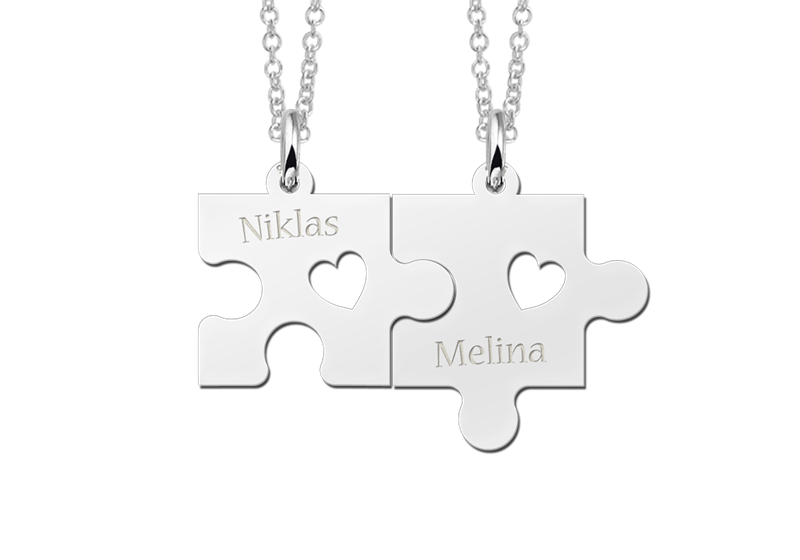 Silberne Freundschafts- oder Pärchenkette Puzzle mit Herzchen