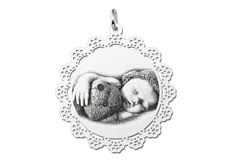 Fotoschmuck rund mit zierlichen Rand silber