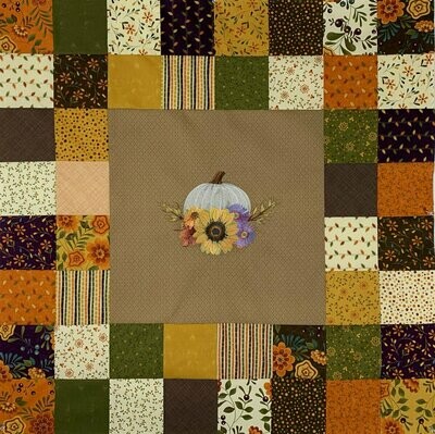 Pumpkin Bouquet in Watercolor, Patchwork Table Topper/Wall Hanging Quilt Top Embroidered