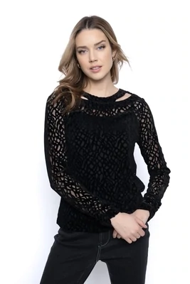 PICADILLY VELOUR CUT OUT NECKLINE TOP - BLACK