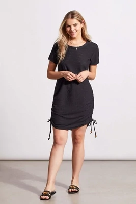 TRIBAL SHORT SLEEVE DRESS WITH SIDE RUCHING - BLACK