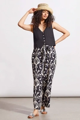 TRIBAL PULL ON BELTED PRINTED ANKLE PANT - BLACK