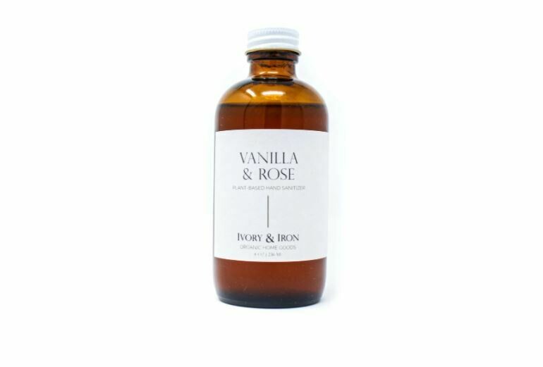 IR003 Organic Hand Sanitizer 4 oz Vanilla and Rose in Glass Bottle