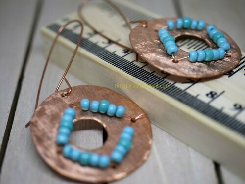 (SOLD)Copper Earrings - Blue Circle