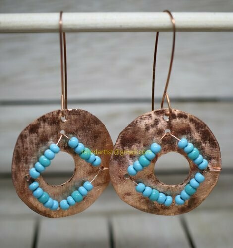(SOLD)Copper Earrings - Blue Circle