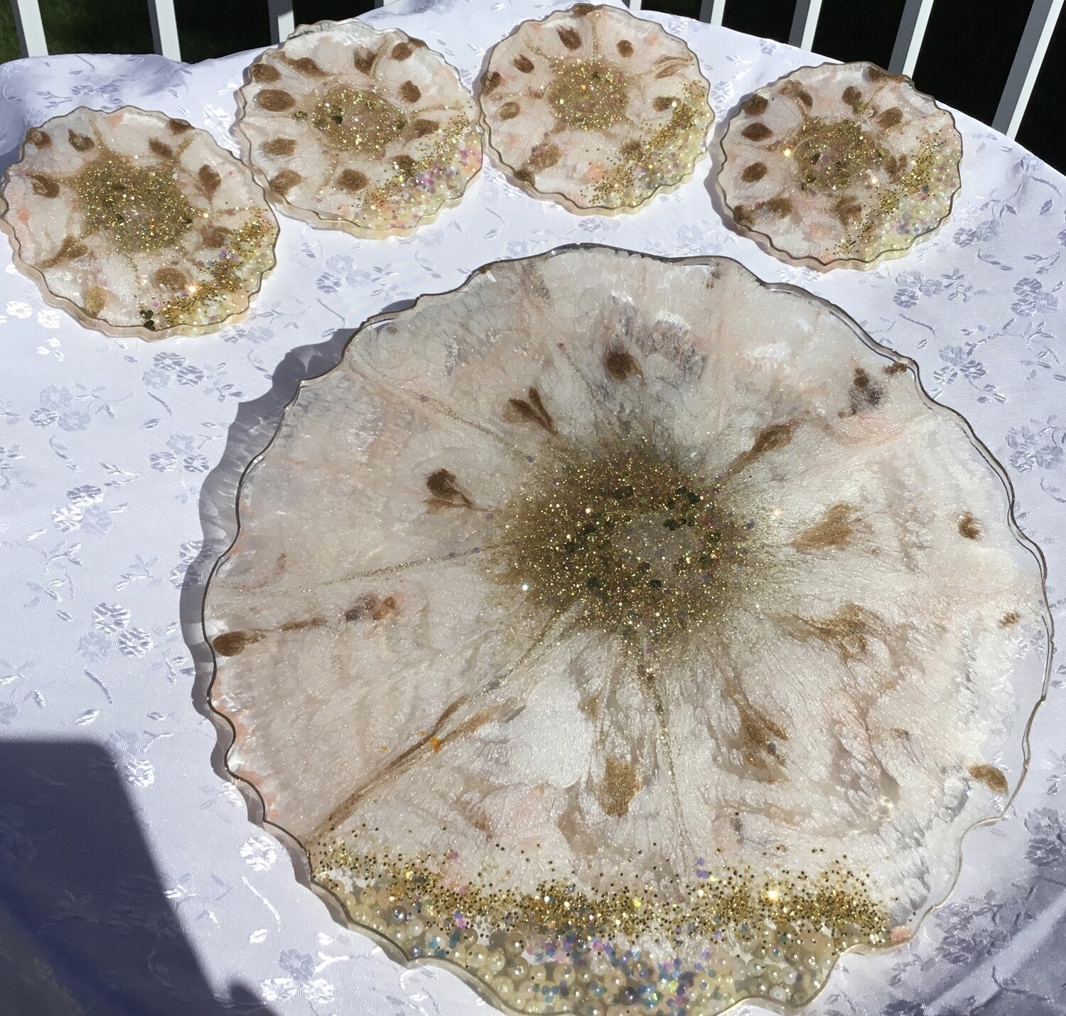 (SOLD)Everything Beautiful Epoxy Resin Tray &amp; 4 Coasters PLUS matching 13" large round serving Tray'