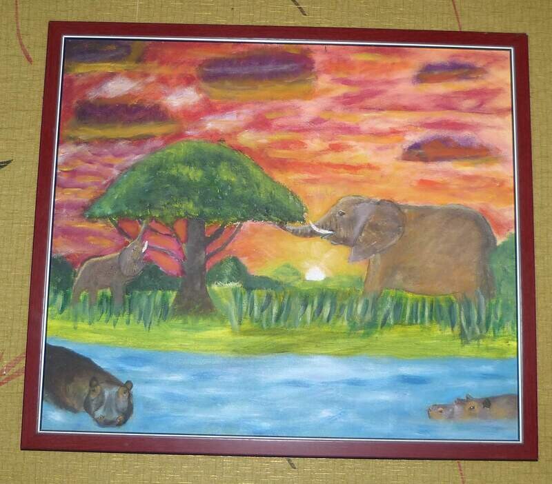 African elephants and hippos with bright red sunset.