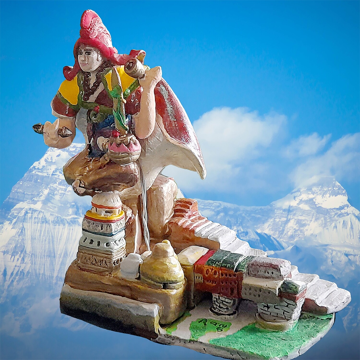 Shantideva 'God of Peace' rises above Nalanda (figurine: 0.99% pure silver + polymer clay)