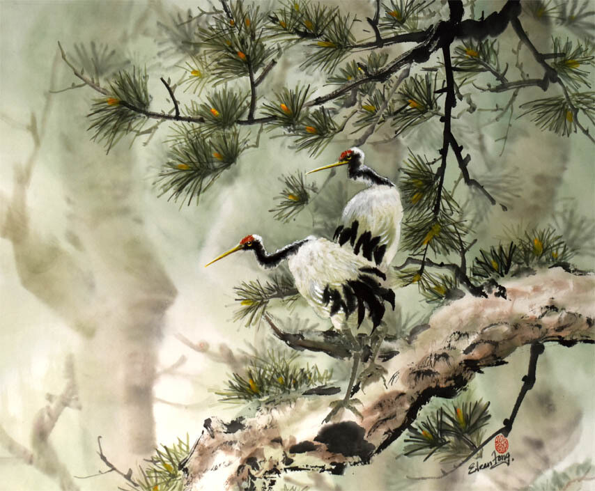 Cranes in Pine Tree