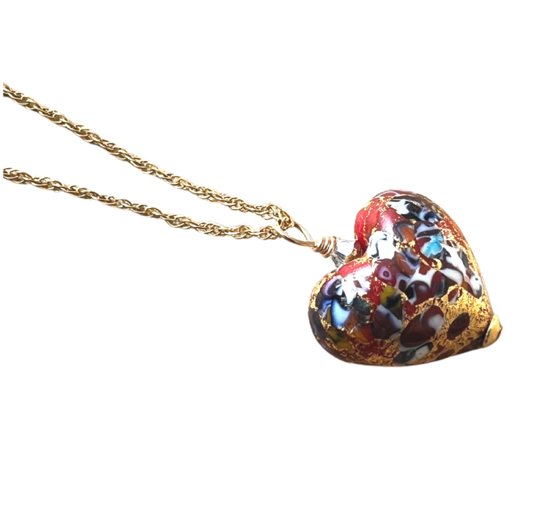 Small Klimt Murano Glass Red Heart Necklace