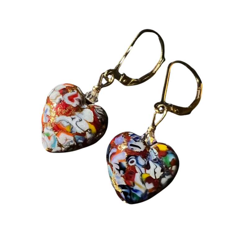Klimt Murano Glass Red Heart Earrings
