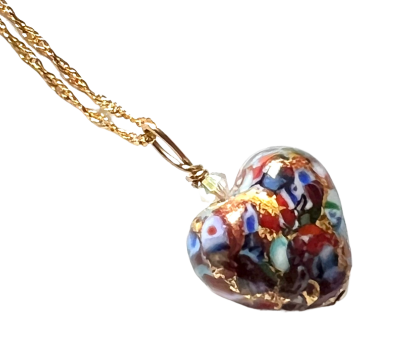 Puffy Klimt Murano Glass Red Heart Necklace
