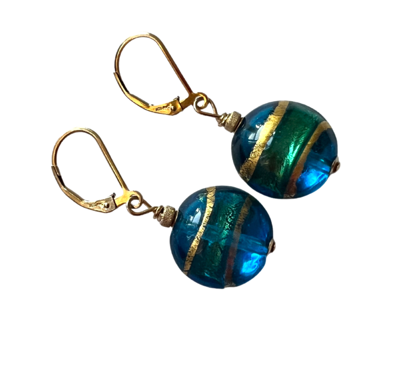 Teal Blue Gold Murano Glass Earrings